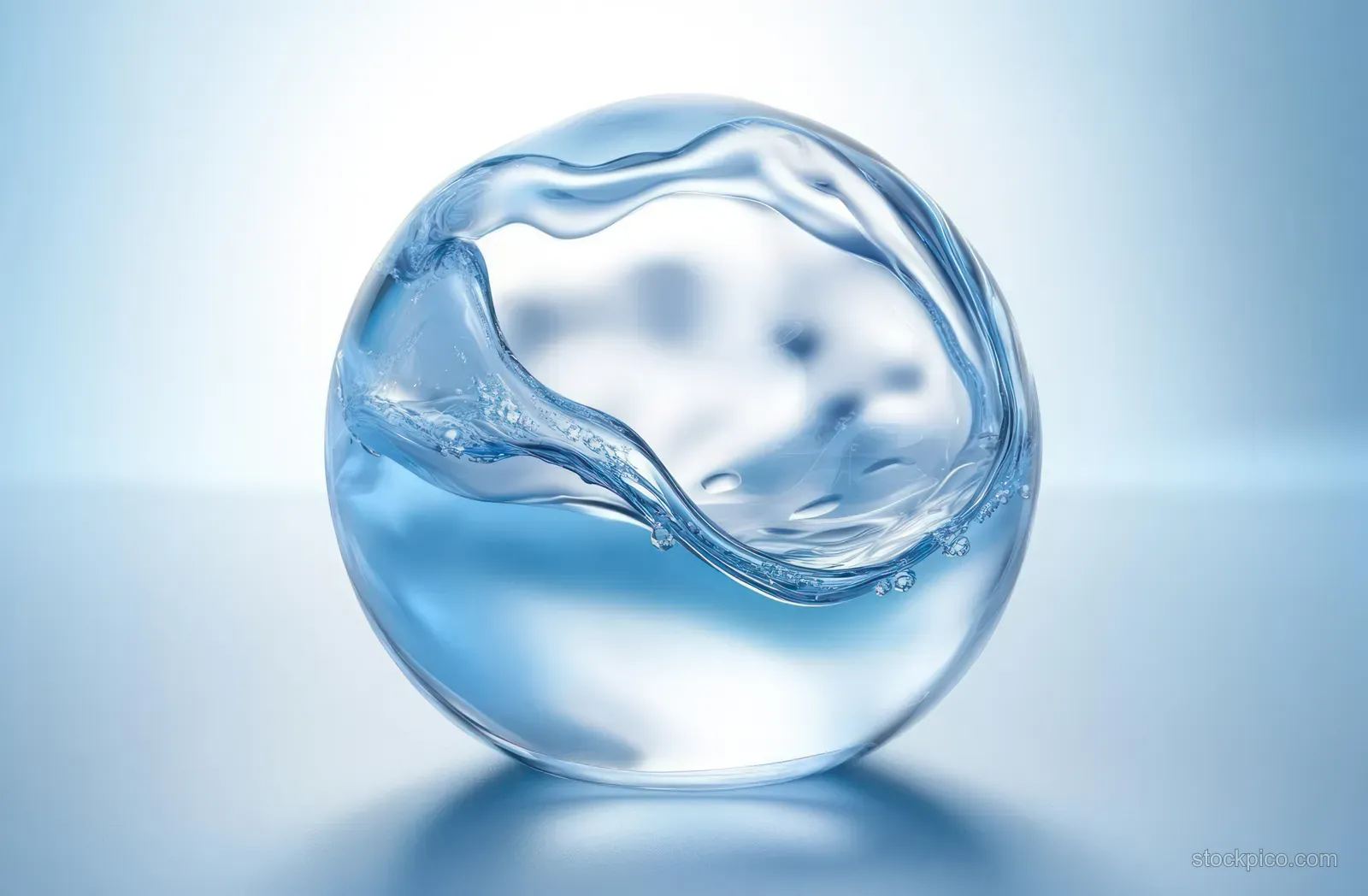 Clear water droplet sphere with visible internal ripples centered on a blue gradient background.