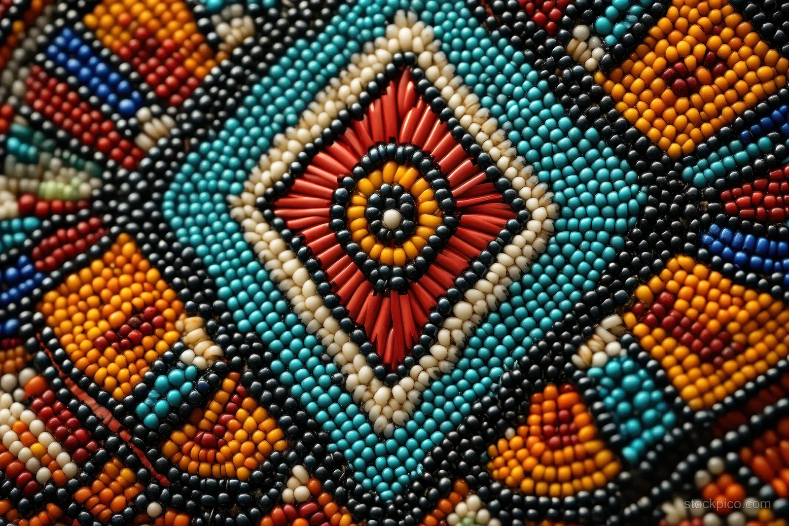 Close-up of colorful beaded geometric diamond pattern with a central eye motif made from orange, turquoise, and red beads.