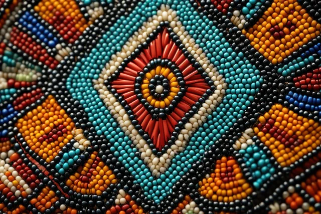 Close-up of colorful beaded geometric diamond pattern with a central eye motif made from orange, turquoise, and red beads.