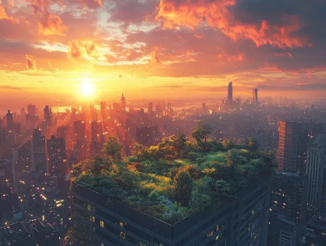 Lush rooftop garden on a building at golden hour with a glowing city skyline in the background.
