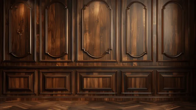 Brown wood paneling wall with ornate rectangular and arched frame moldings in a dim interior.
