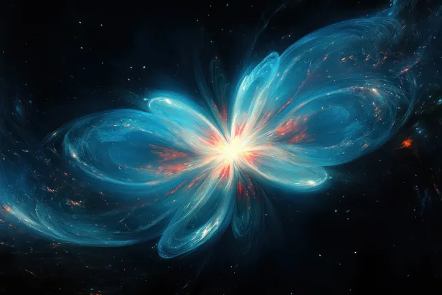 A glowing star-like burst radiates blue and red plasma ribbons with electric sparks in outer space.