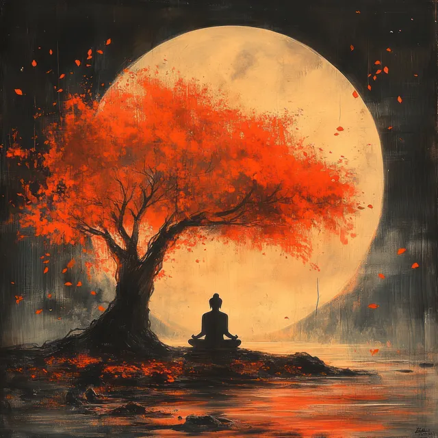 A meditating Buddha sits under a solitary tree as orange leaves fall beside a glowing full moon.