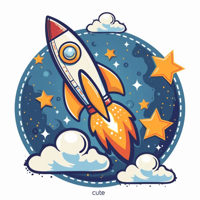 Cartoon rocket blasting through a starry sky with clouds and glowing stars in vector style.