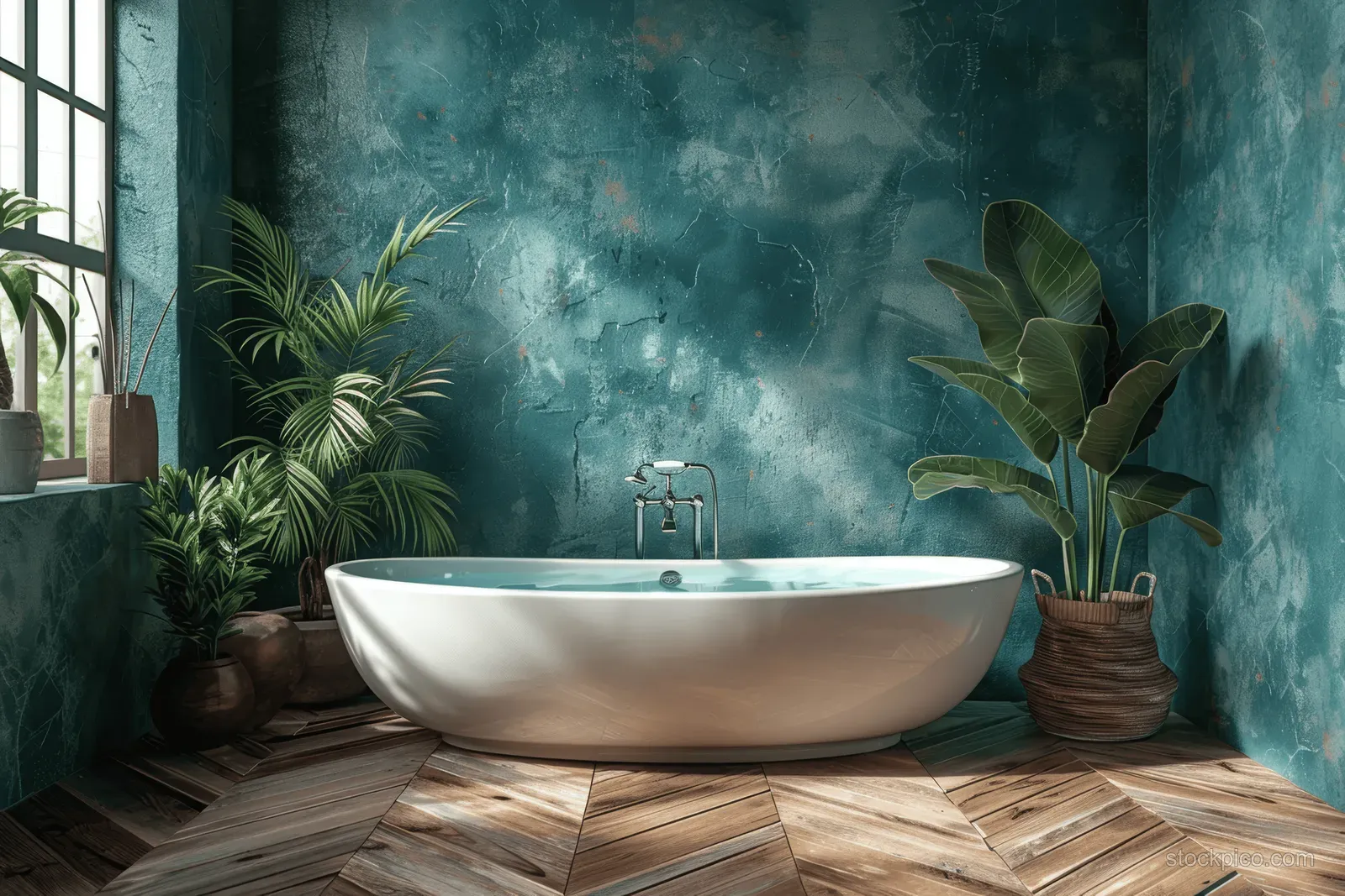 White freestanding bathtub in a serene bathroom with textured teal walls, indoor plants, and wooden herringbone flooring.