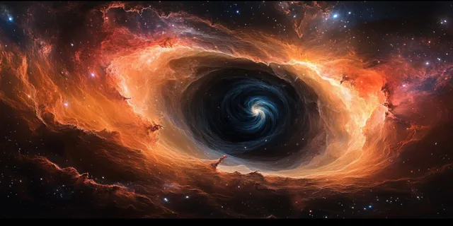 A swirling black hole nebula panorama with a dark event horizon, glowing accretion disk, and fiery red gas clouds.