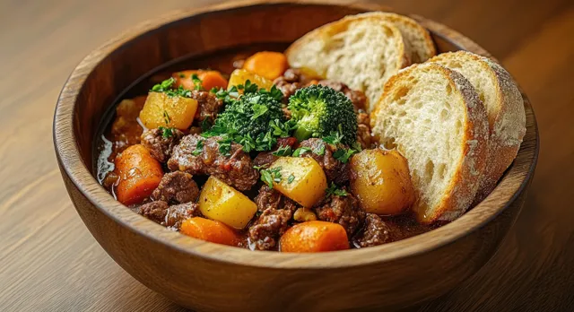 Hearty beef stew in a wooden bowl with vegetables and crusty bread slices on table with Steam Ready Presentation