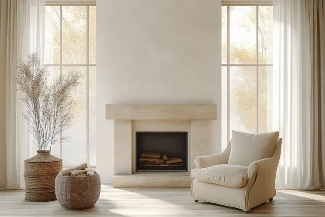 Cream armchair beside a built-in fireplace in a bright minimalist living room with sheer curtains and window light.