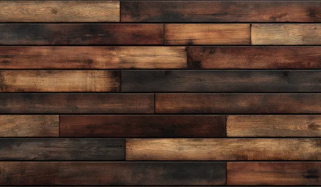 Rustic wooden floor made of dark brown and caramel planks with visible grain and seam lines.