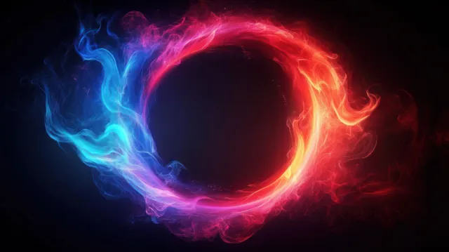 Swirling red and blue flame ring glowing in a dark background with fiery energy trails.