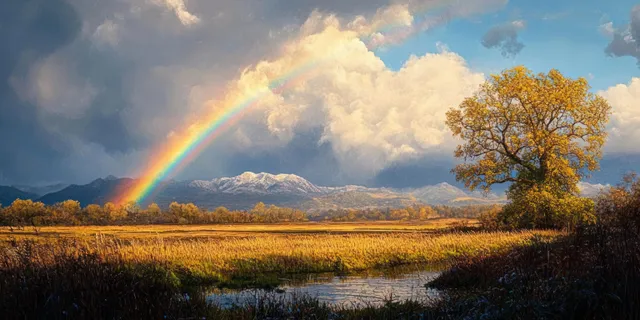 A rainbow spans an autumn landscape with a reflective pond, golden fields, a yellow-leaf tree, and distant snow-capped mountains.