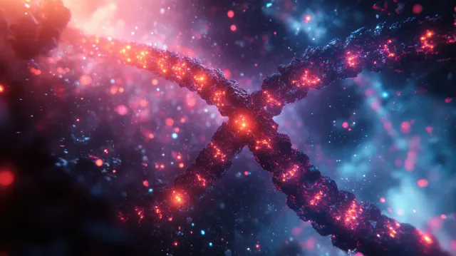 A glowing 3D DNA helix cuts through a colorful space nebula with scattered particles and light trails.