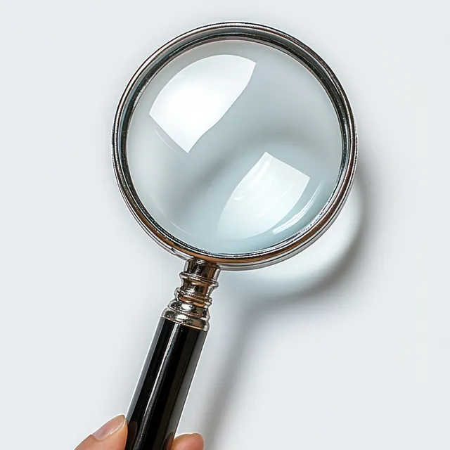Hand holding magnifying glass over white background, showing bright reflections on convex lens