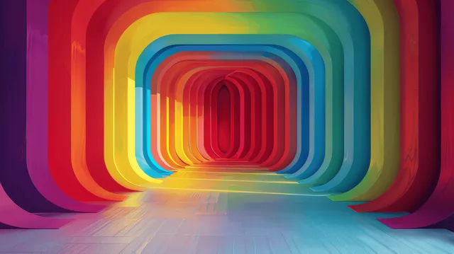 Rainbow colored tunnel with stacked curved arches receding into a bright vanishing point.