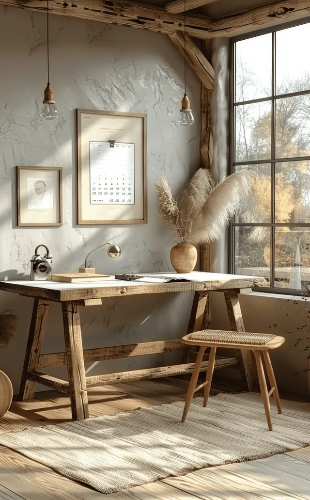 Minimalist wooden desk with a white tabletop and pampas grass vase, framed calendar decor near sunlit windows.