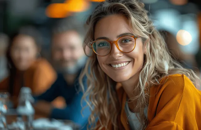 A smiling woman in an orange top sits in a conference room while coworkers behind her talk and laugh.