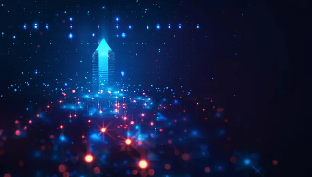 Glowing blue upward arrow rises over a dark city skyline of floating data points.