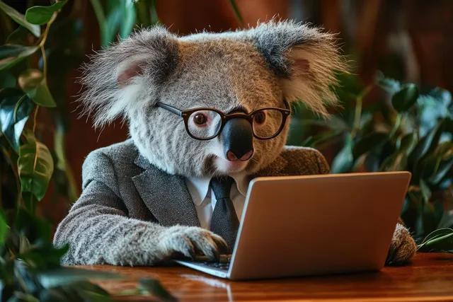 A koala wearing glasses and a suit types on a laptop at a wooden desk surrounded by green plants indoors.