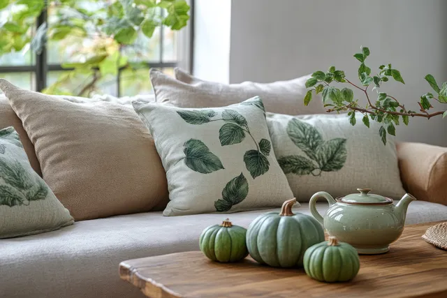 Minimalist sofa with green leaf cushions and a wooden table holding a ceramic teapot and small pumpkins by a bright window.