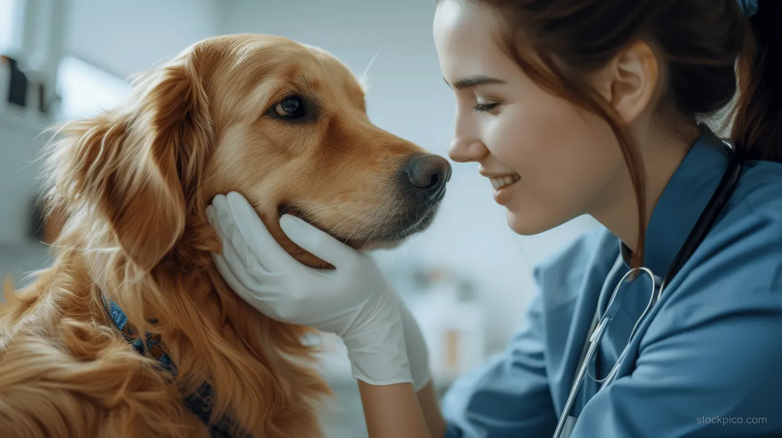A young veterinarian leans in to examine a golden retriever inside a modern clinic with a stethoscope.