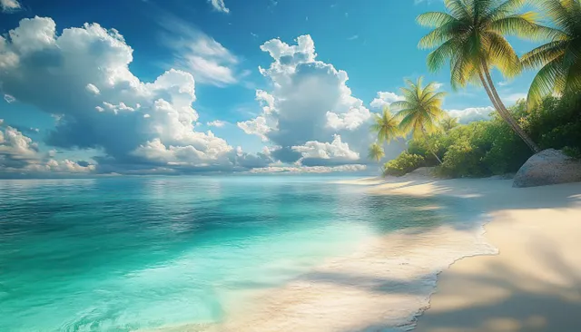 Tropical beach with swaying palm trees, turquoise waves, and golden sand at sunrise
