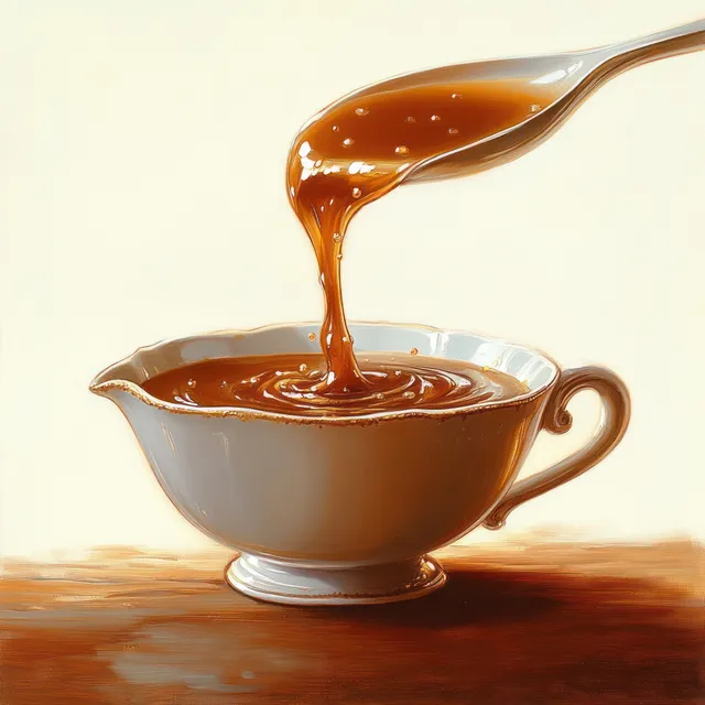 Thick golden syrup drips from a spoon into a white ceramic gravy boat on a wooden table.