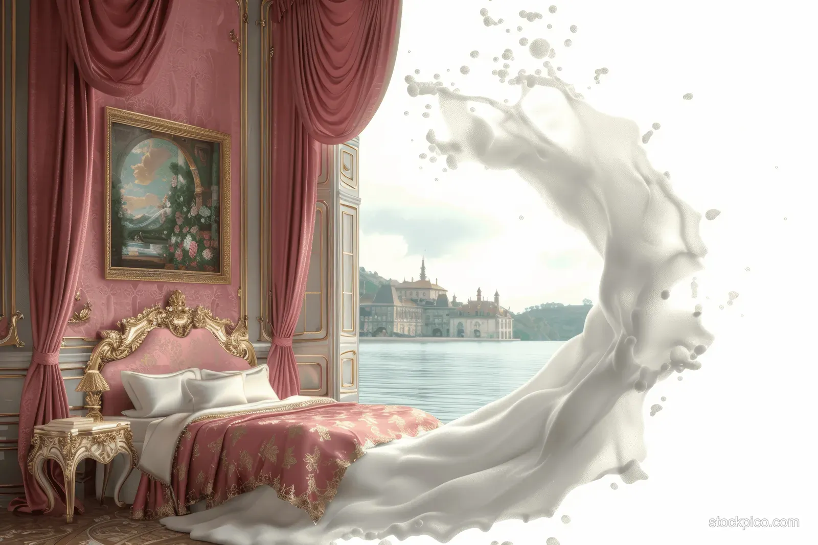 Rococo bedroom with a bed, pink-and-gold decor, red curtains, and bright window light over a river view.