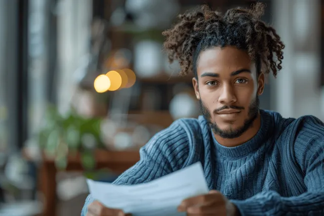 Curly-haired young professional reading paperwork while working on a laptop at an office desk