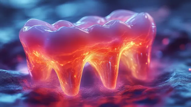 A surreal 3D tooth shows inflamed gum area glowing orange on a dark blue dental surface.