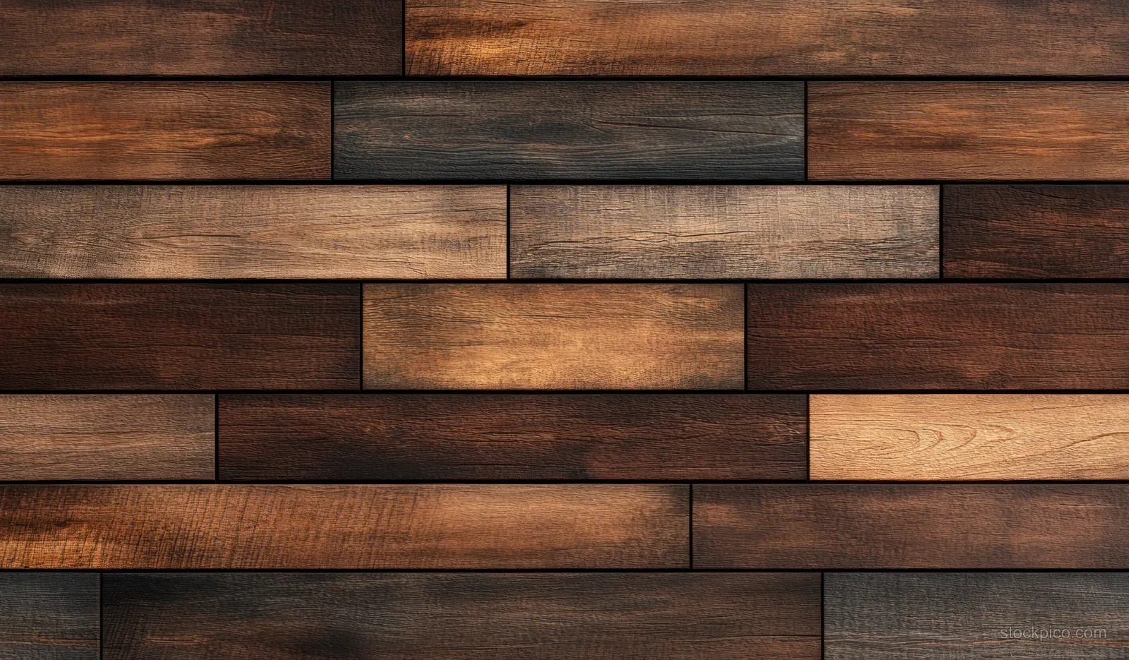 Seamless view of dark brown and caramel hardwood planks showing visible grain and tight seams.