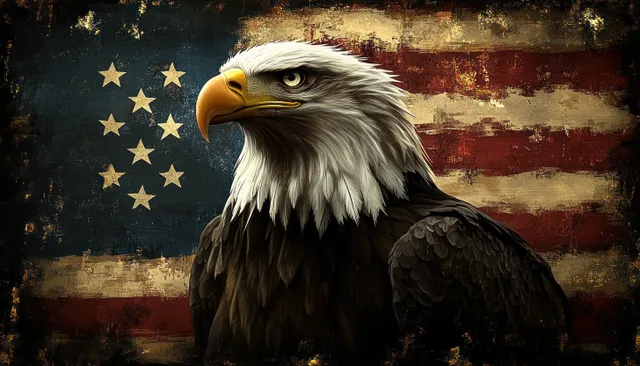 Bald eagle close-up facing left against distressed American flag mural