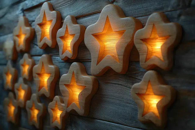 Golden five-star rating speech bubbles clustered on weathered blue wooden background