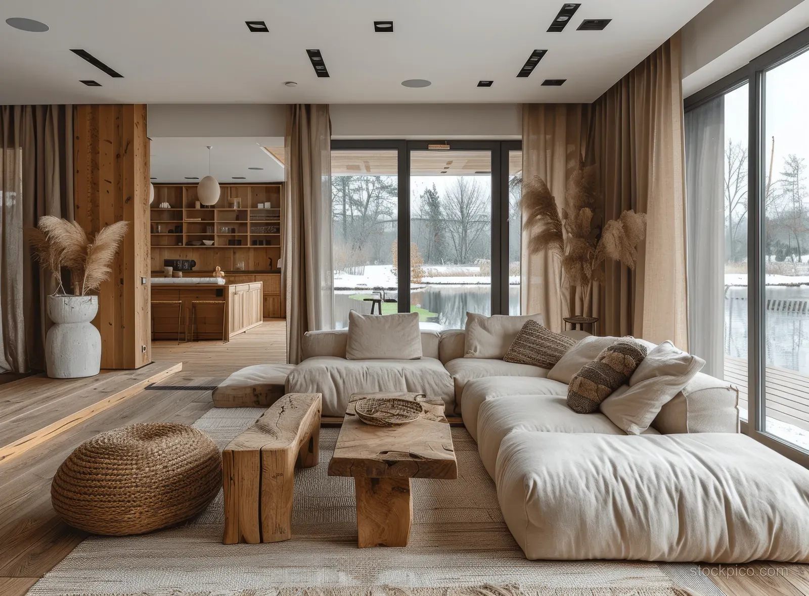Beige sofa and wooden coffee table in a minimalist Japandi living room with dark brown curtains and tall windows.