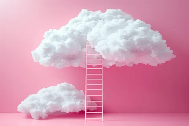 A white ladder climbs into fluffy clouds against a pink pastel background.