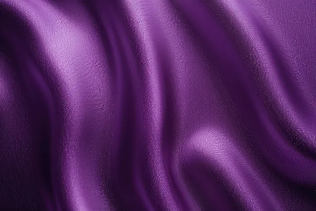 Glossy purple satin fabric with flowing folds and light-catching ripples fills the frame.