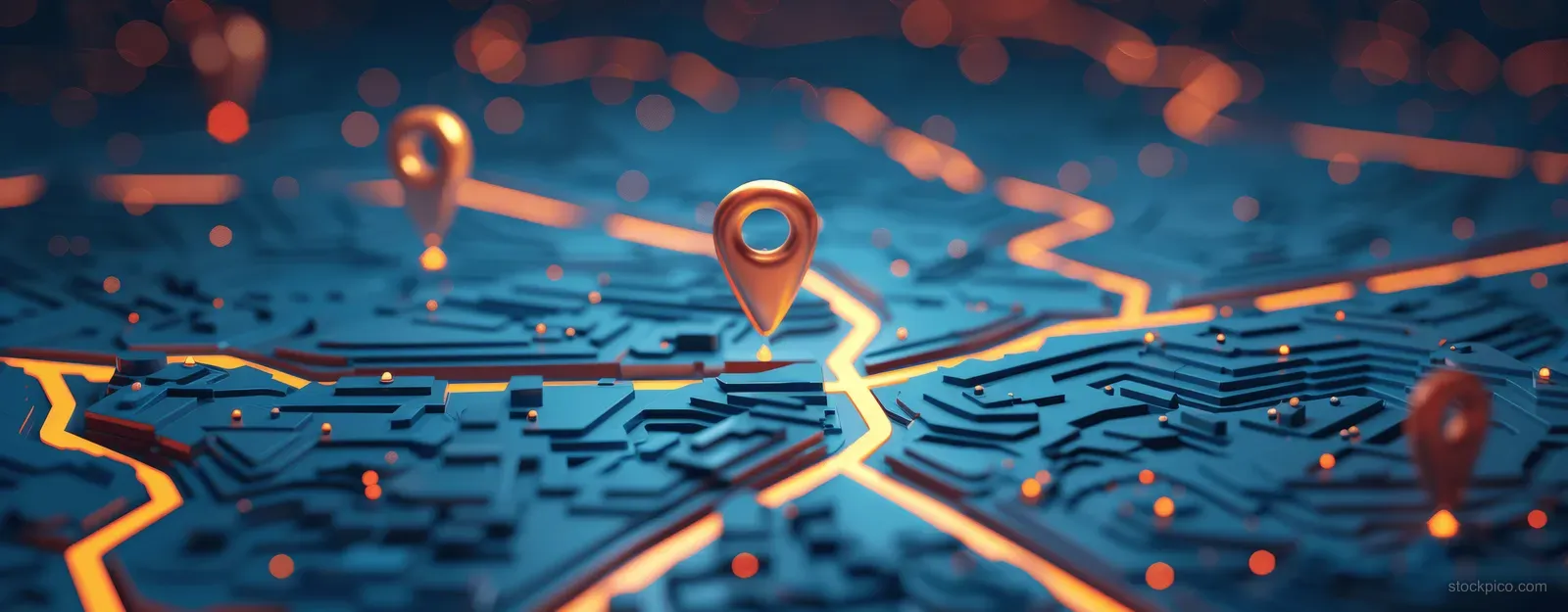 Futuristic city map displays glowing route lines and GPS location pins on a digital transport network background.