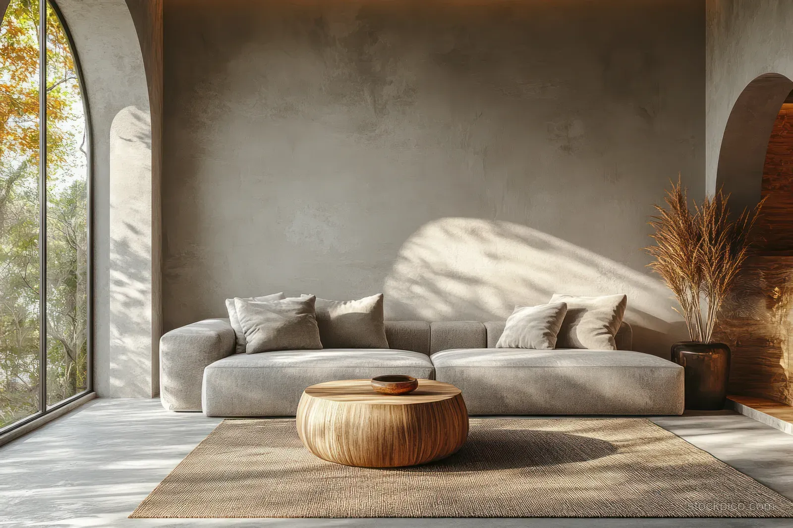 Gray sofa and wooden coffee table in a minimalist living room lit by sunlight from tall arched windows.