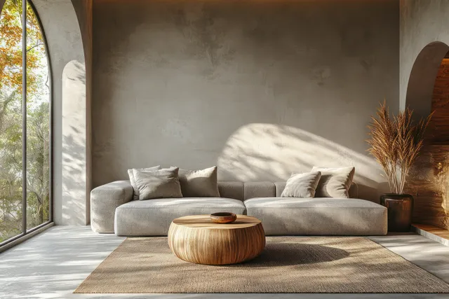 Gray sofa and wooden coffee table in a minimalist living room lit by sunlight from tall arched windows.