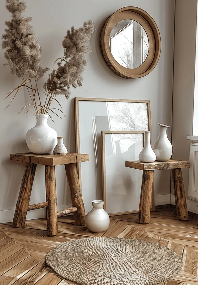 Blank wooden picture frame mockup on a side table with neutral vases, stool, and soft window light in a Scandinavian room.