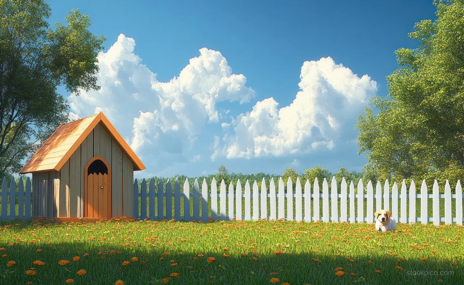 Wooden dog house beside a white picket fence with green grass and a small dog under a blue sky.
