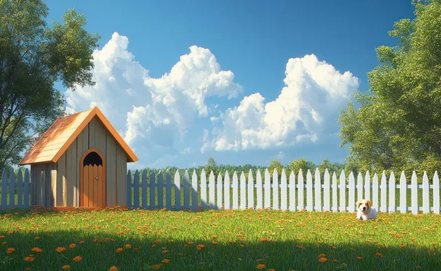 Wooden dog house sits by a picket fence in a green garden under blue sky