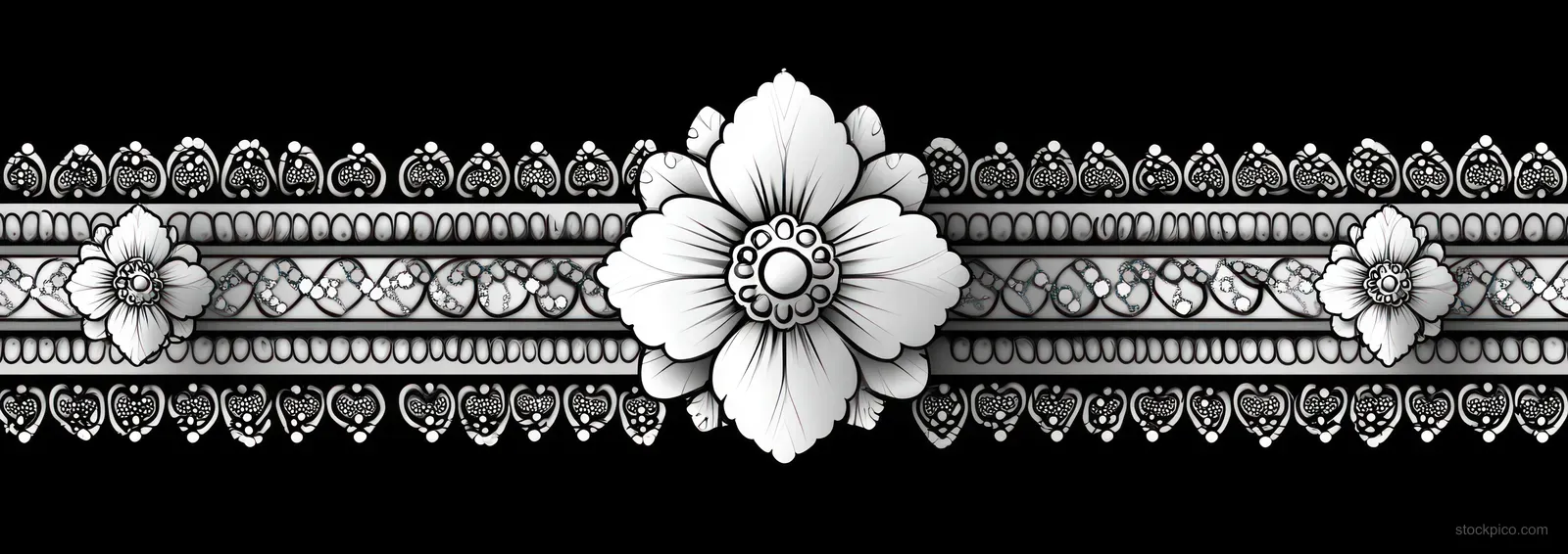 Black-and-white ornamental floral border with a large central flower, lace-like hearts, and smaller side blossoms.
