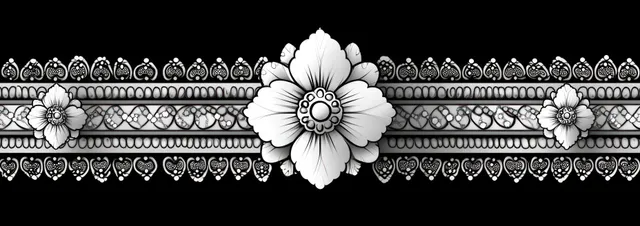 Ornate black-and-white floral horizontal border with central flower and lace-like heart details
