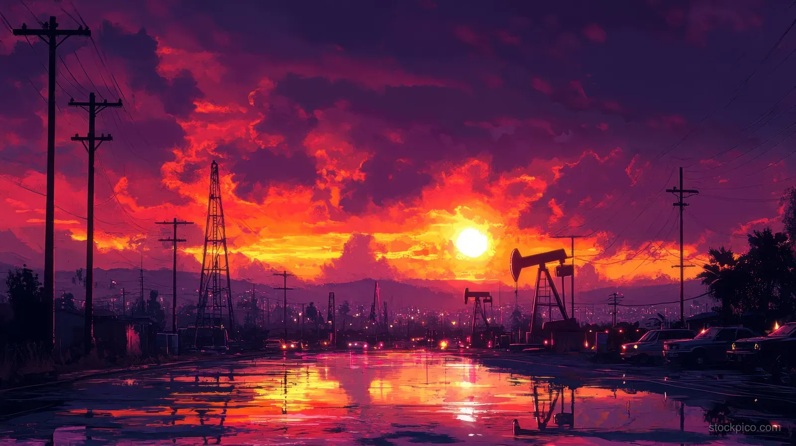 Oil pump machinery silhouetted against a sunset sky with glowing light reflected across wet ground on an energy production site.