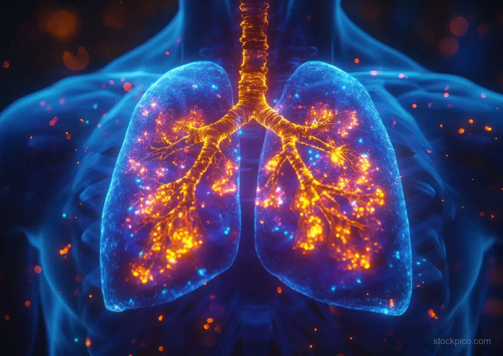 3D neon X-ray illustration depicting human lungs inside a male torso, highlighting respiratory anatomy in vibrant detail.