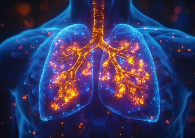 3D neon X-ray illustration depicting human lungs inside a male torso, highlighting respiratory anatomy in vibrant detail.