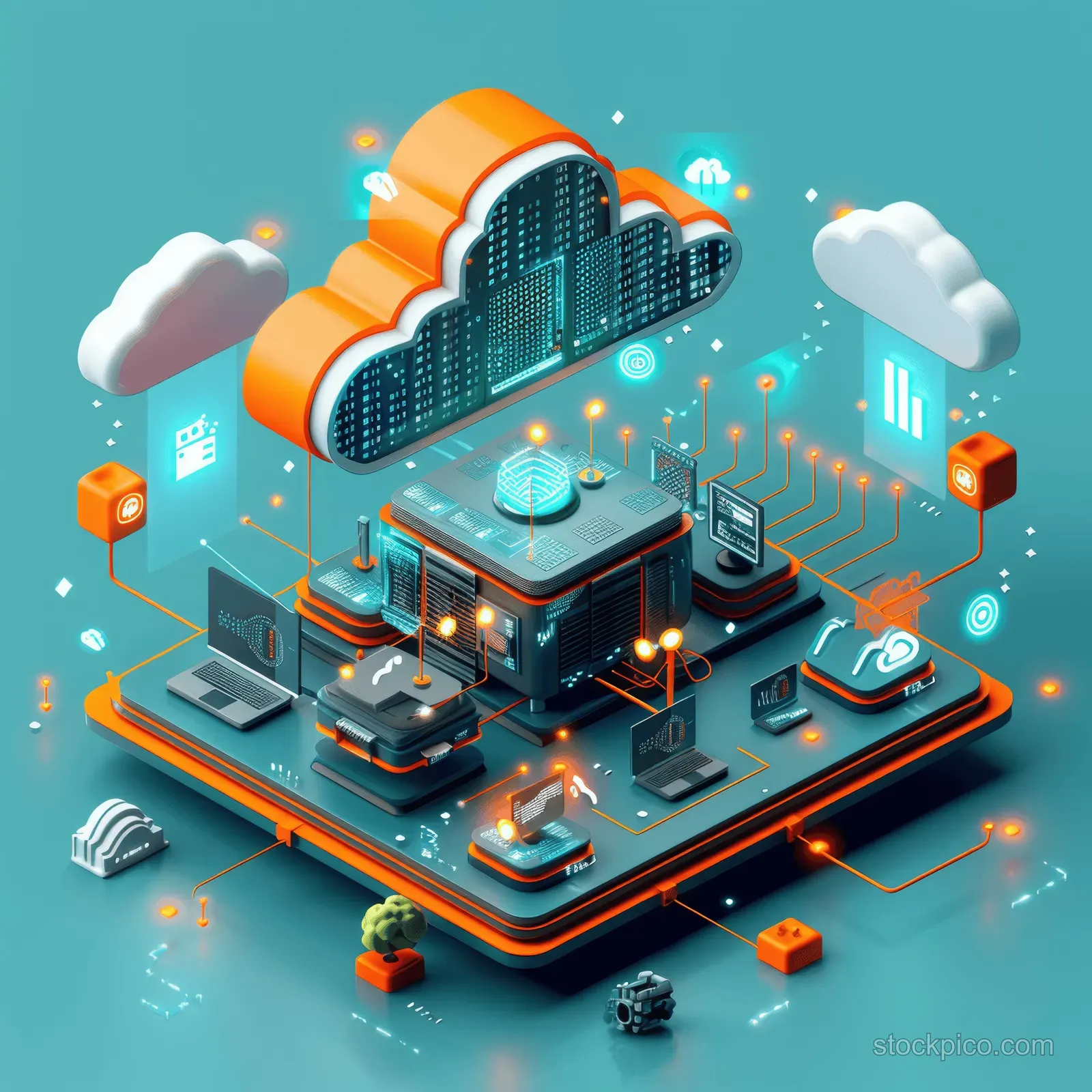 Isometric cloud data center illustration with server racks and connected devices under an orange cloud gateway on a blue background.