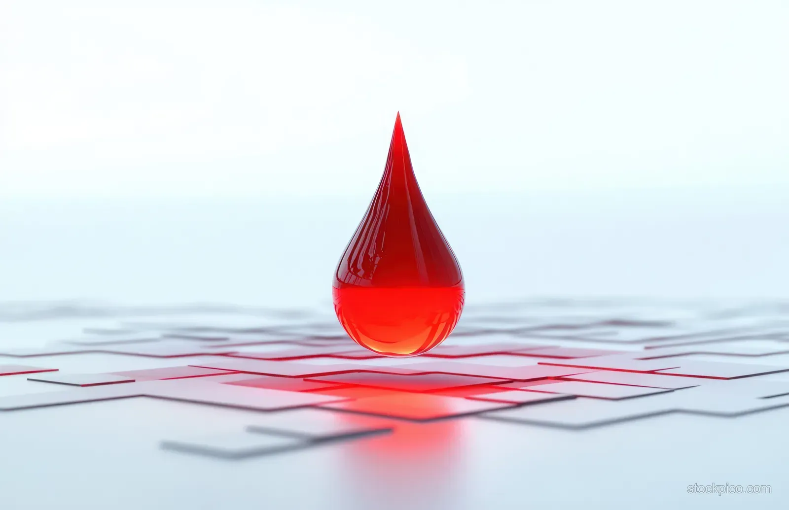 A single red droplet hovers over a white surface with interconnected square lines, reflecting light and glowing faintly.