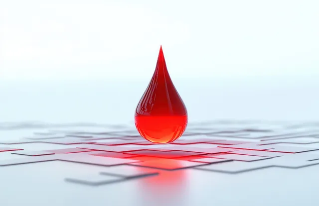 Single red droplet hovering above a white geometric grid, casting a soft glow