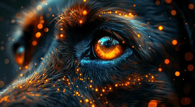 Close-up of a black Labrador’s face with a glowing orange eye and orange digital cyber lines across its fur.